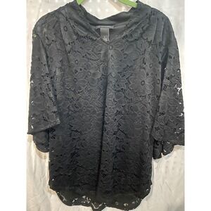 INVESTMENTS Black Lace Bell Sleeve V Neck Blouse Top Women's Size L